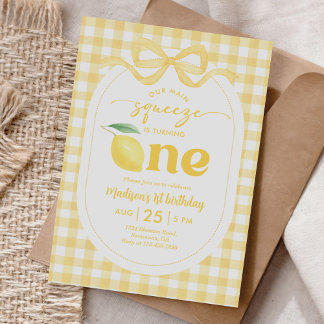 Gingham Lemon Our Main Squeeze 1st Birthday Invitation