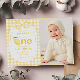 Gingham Lemon Our Main Squeeze 1st Birthday Photo Invitation