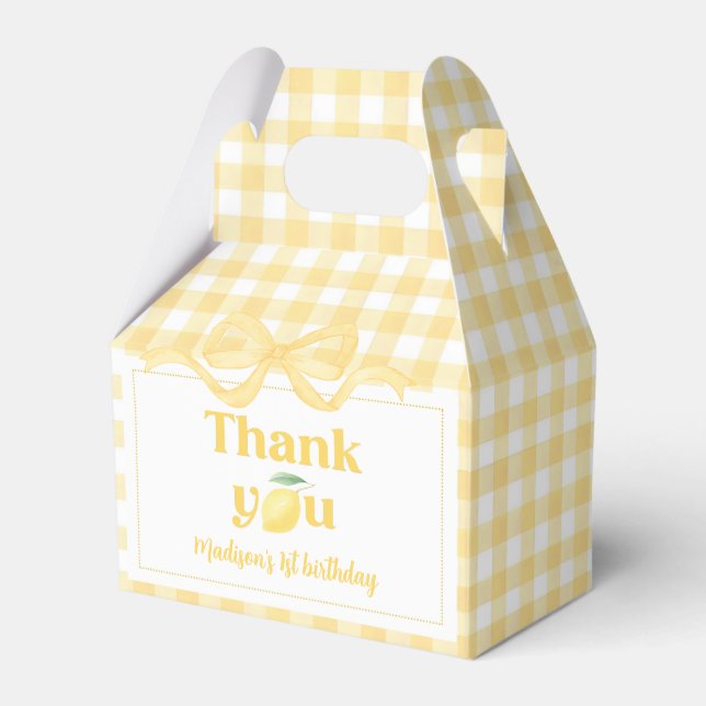 Gingham Lemon Themed 1st Birthday Favor Boxes (Front Side)