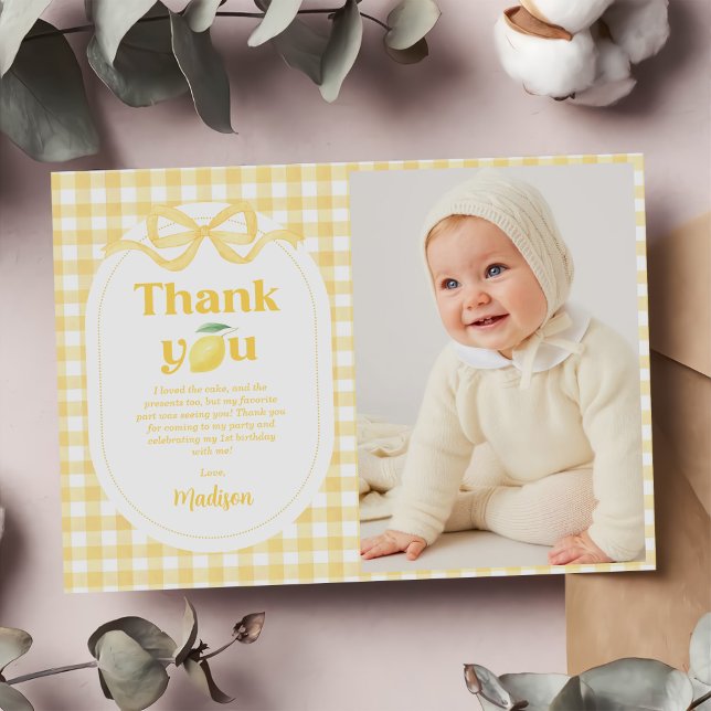 Gingham Lemon Themed 1st Birthday Photo Thank You Card (Creator Uploaded)