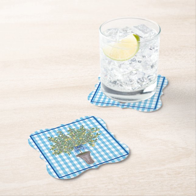 Gingham Lemons Lemon Tree  Napkins Paper Coaster (Insitu)