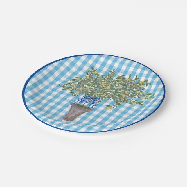 Gingham Lemons Lemon Tree  Paper Plates (Angled)