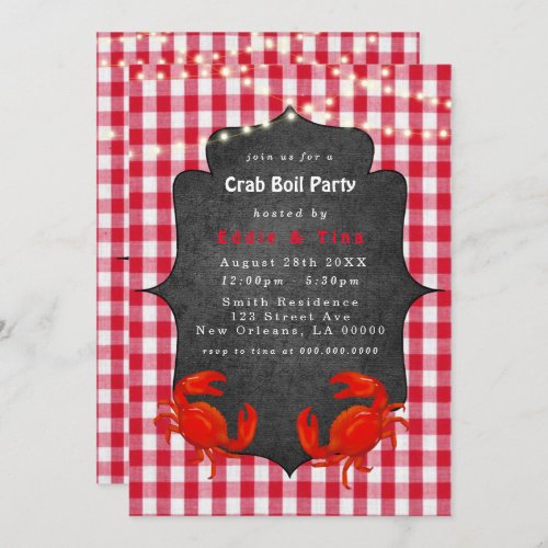 Gingham Lights Chalkboard Crab Boil Party Invitation