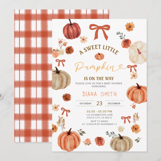 Gingham Little Pumpkin Rustic Baby Shower Invite (Front/Back)