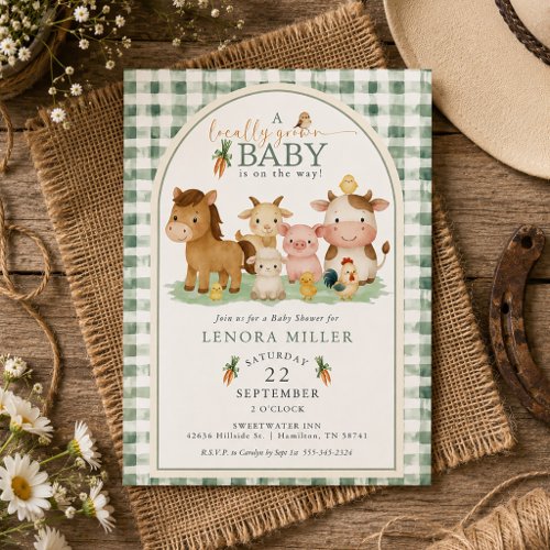 Gingham Locally Grown Baby Farm Animal Baby Shower Invitation