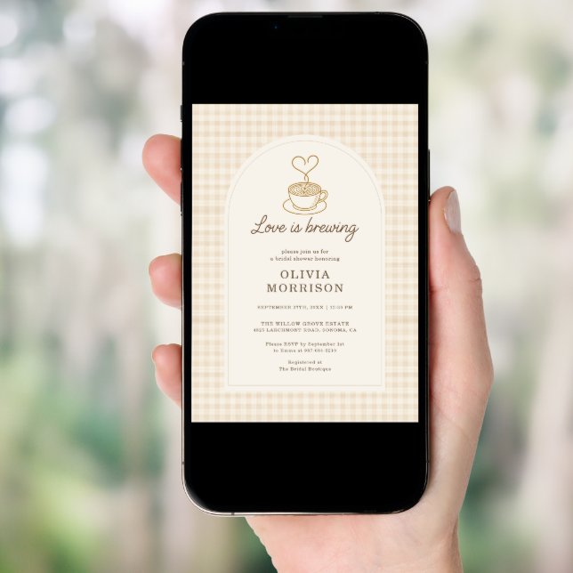 Gingham Love is Brewing QR Code Bridal Shower Invitation (Front Digital)