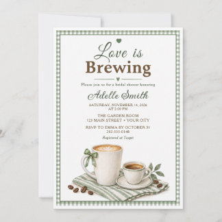 Gingham Love Is Brewing Sage Coffee Bridal Shower Invitation
