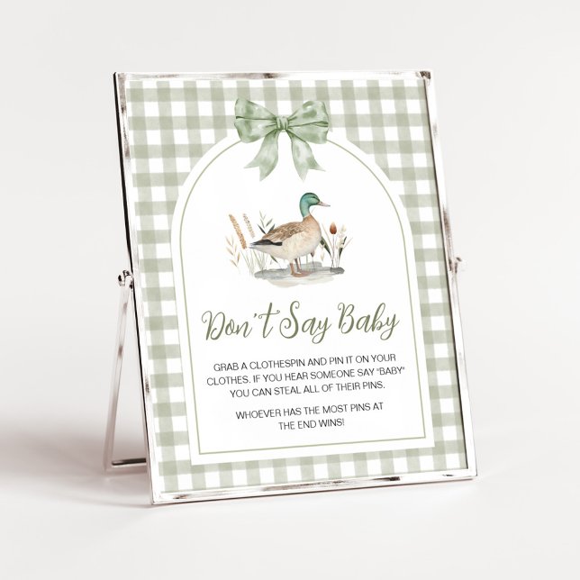 Gingham Mallard Duck Baby Don't Say Baby Sign (Sage Green Gingham Mallard Duck Hunting Country Baby Shower Sign)