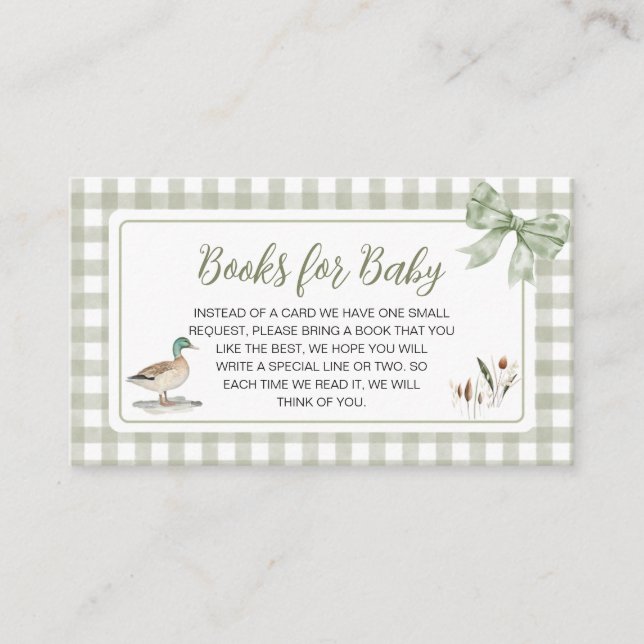 Gingham Mallard Duck Baby Shower Books for Baby Enclosure Card (Front)