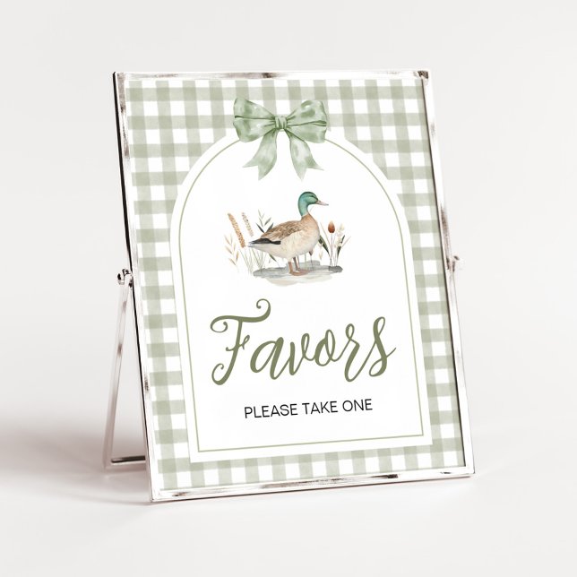 Gingham Mallard Duck Baby Shower Favors Sign (Sage Green Gingham Mallard Duck Hunting Country Baby Shower Sign)