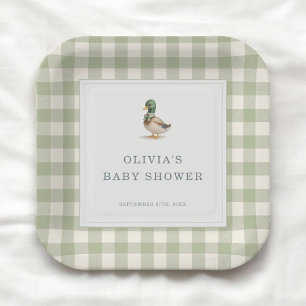 Gingham Mallard Duck Baby Shower Party Paper Plates