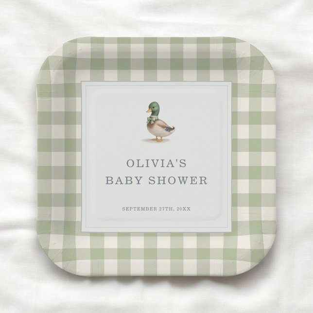Gingham Mallard Duck Baby Shower Party Paper Plates (Creator Uploaded)