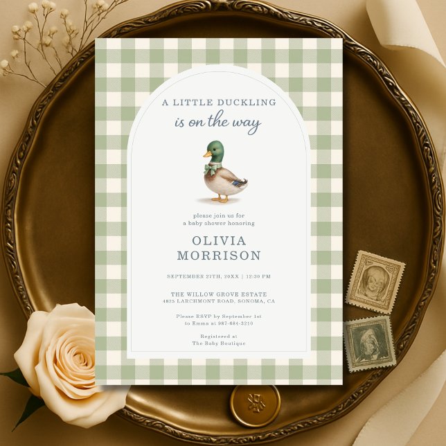 Gingham Mallard Duck Bow Sage Green Baby Shower Invitation (Creator Uploaded)