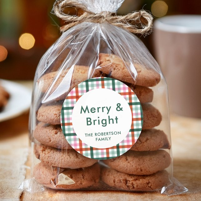 Gingham Merry Bright Christmas Sticker (Round Stickers available in 1.5 or 3 inches. Choose your size before checkout.)