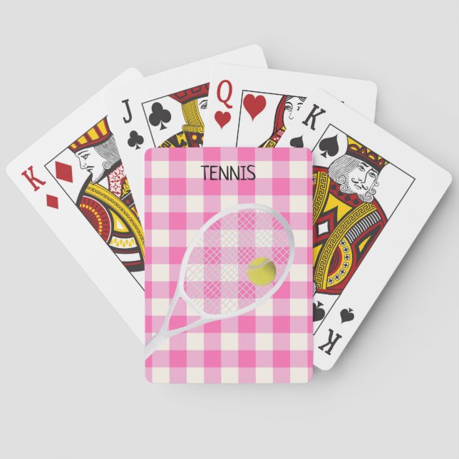 Gingham Modern Tennis Ball White Racket  Poker Cards (Back)
