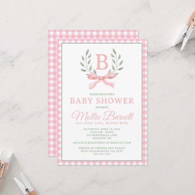 Gingham Monogram Baby Shower Invitation (Front/Back In Situ)