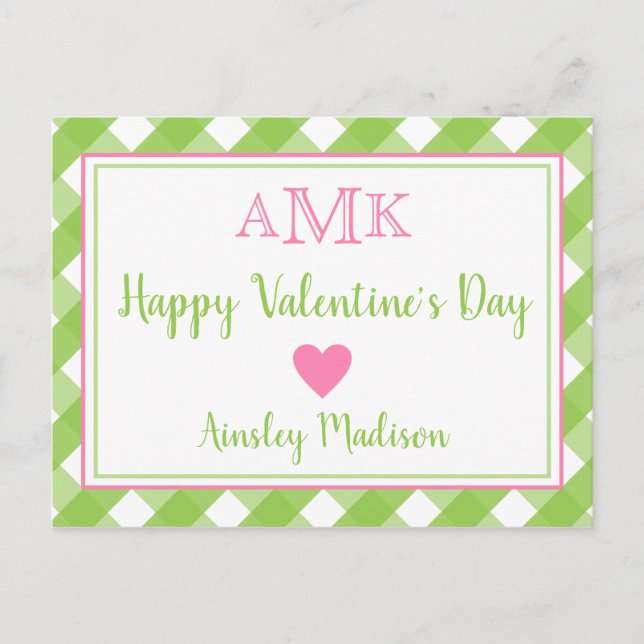Gingham Monogram Personalized Valentine's Cards (Front)