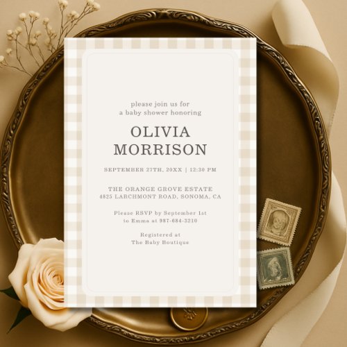 Gingham Neutral Beige Baby Shower Invitation
