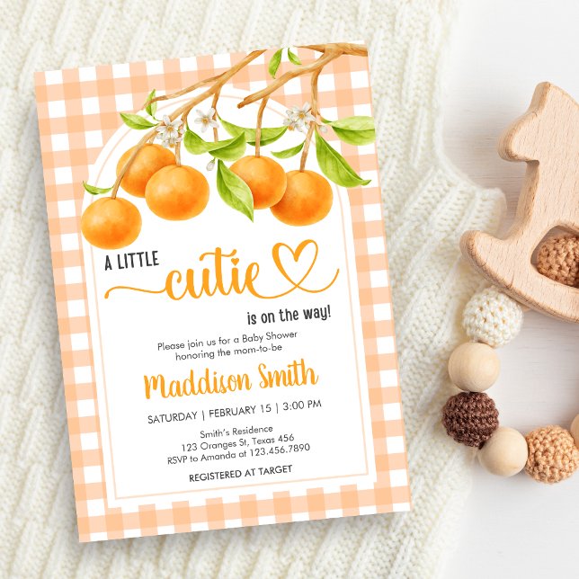 Gingham Orange Baby Shower Invitation (Little Cutie Orange Baby Shower Invitation)