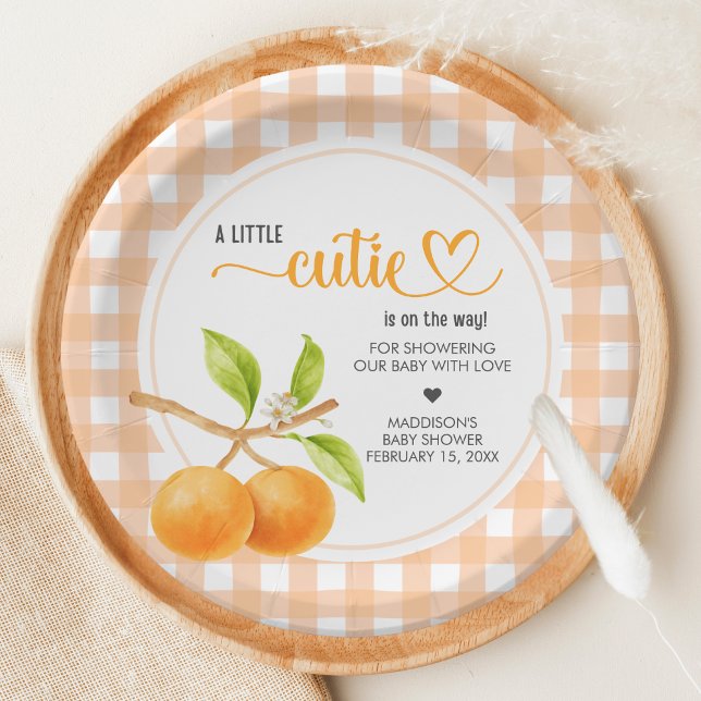 Gingham Orange Baby Shower Paper Plates (Little Cutie Orange Baby Shower Paper Plate)