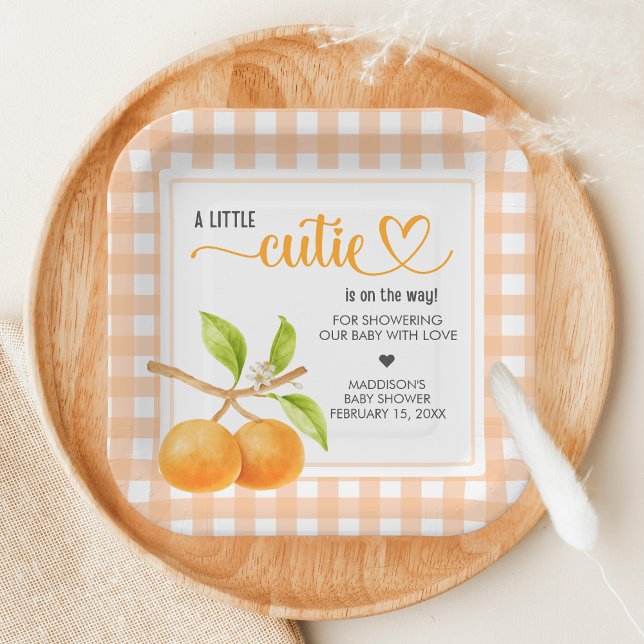 Gingham Orange Baby Shower Paper Plates (Little Cutie Orange Baby Shower Paper Plate)