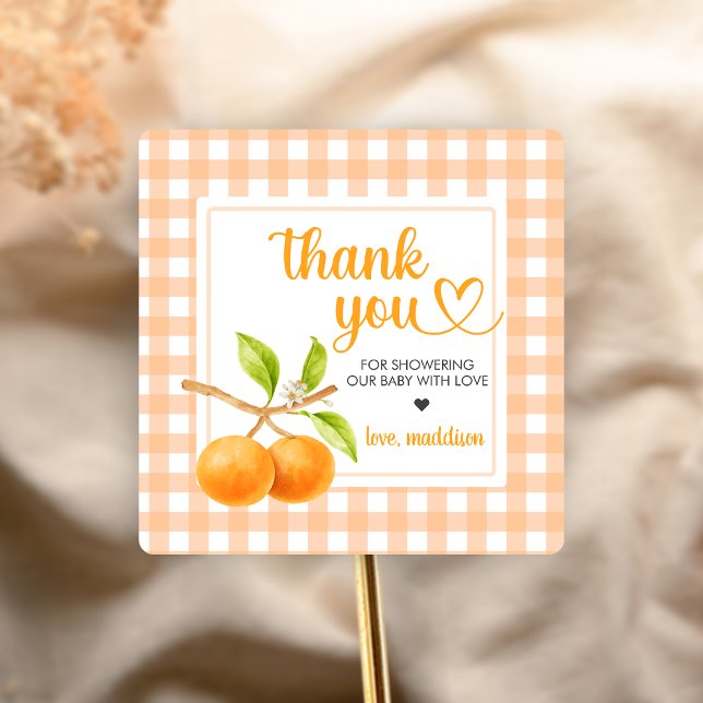Gingham Orange Baby Shower Square Sticker (Little Cutie Orange Baby Shower Sticker)