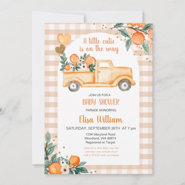 Gingham Orange Citrus Little Cutie Baby Shower Invitation (Front)
