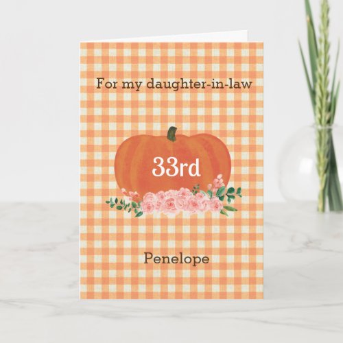 Gingham Orange Pumpkin Fall 33rd Birthday Card