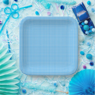 Gingham Pastel Blue-White-PAPER PARTY PLATES