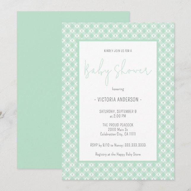Gingham Pastel Mint Gender Neutral Baby Shower Invitation (Front/Back)
