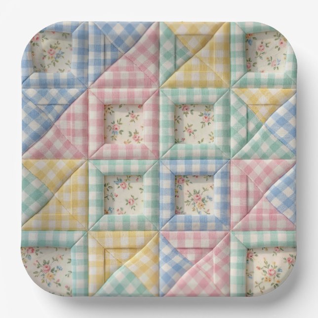 Gingham Patchwork Quilt Pattern Paper Plates (Front)
