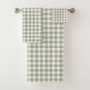 Gingham Pattern Cottagecore Checkered Beige Sage Bath Towel Set