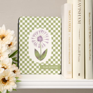 Gingham Pattern Flower With Personalized Name Kindle Cover