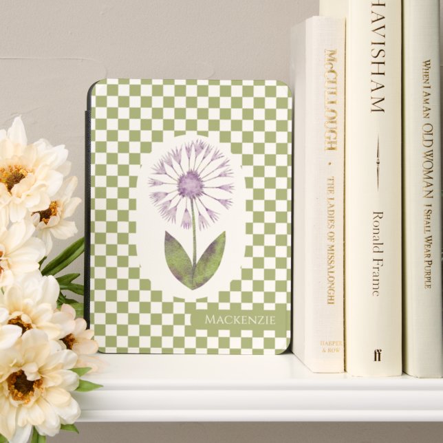 Gingham Pattern Flower With Personalized Name Kindle Cover (In Use (Bookshelf))