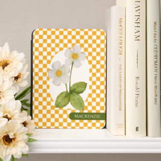 Gingham Pattern Flower With Personalized Name Kindle Cover