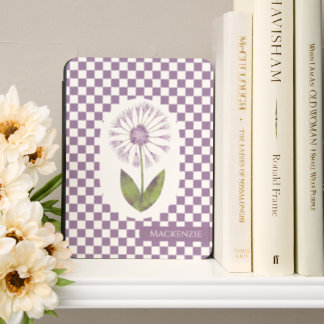 Gingham Pattern Flower With Personalized Name Kindle Cover