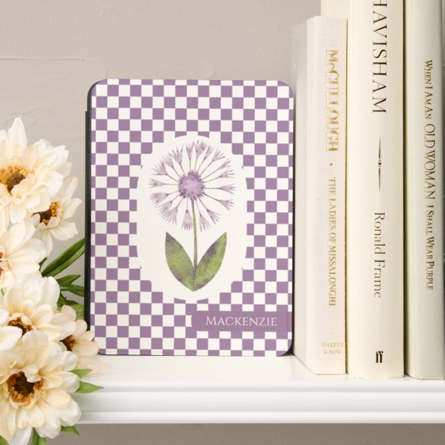 Gingham Pattern Flower With Personalized Name Kindle Cover (In Use (Bookshelf))