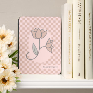 Gingham Pattern Flower With Personalized Name Kindle Cover