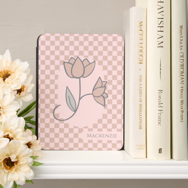 Gingham Pattern Flower With Personalized Name Kindle Cover (In Use (Bookshelf))