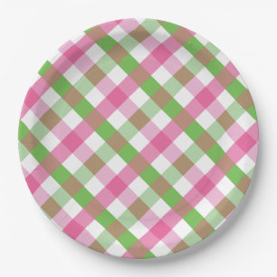 Gingham Pattern Green and Pink Paper Plates