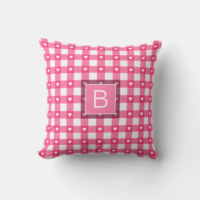 Gingham Pattern Hearts Pink White Custom Monogram Throw Pillow (Front)