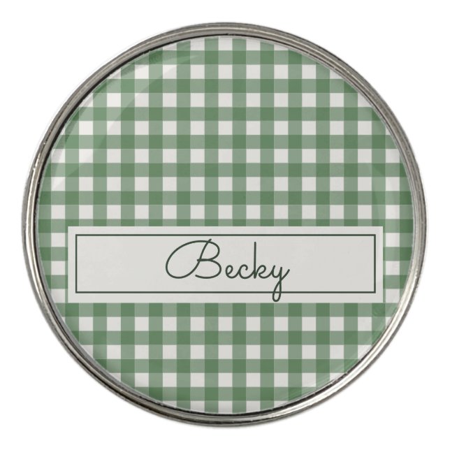 Gingham Pattern in Green with Name Golf Ball Marker (Front)