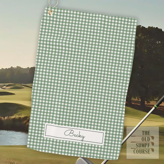Gingham Pattern in Green with Name Golf Towel (Creator Uploaded)