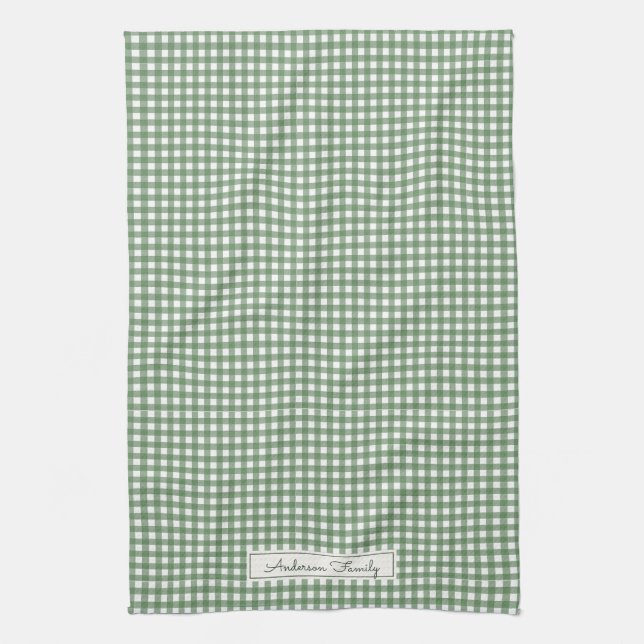 Gingham Pattern in Green with Name Kitchen Towel (Vertical)