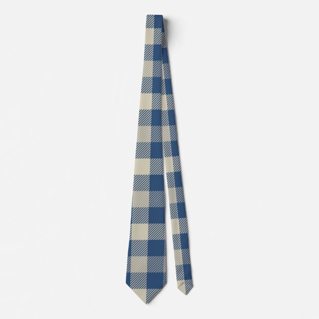 Gingham Pattern in Navy Blue, Cream Neck Tie (Front)