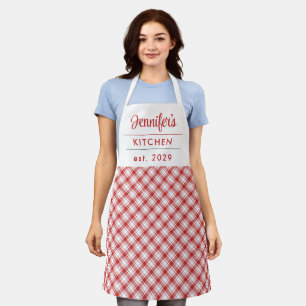 Gingham Pattern Modern Red White Name Apron