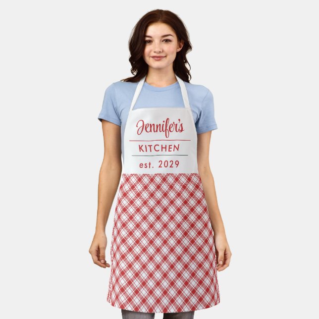 Gingham Pattern Modern Red White Name  Apron (Worn)