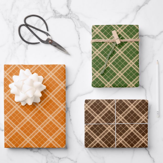 Gingham Pattern On Forest Green Orange Dark Brown Wrapping Paper Sheets (Front)