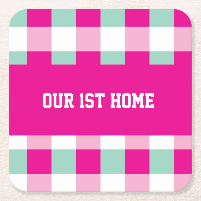 Gingham Pattern Our 1st Home Square Paper Coaster (Front)
