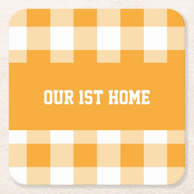 Gingham Pattern Our 1st Home Square Paper Coaster (Front)